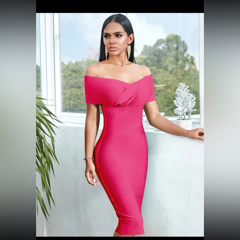Pink off shoulder midi dress bandage material